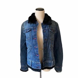 MAVI Abigail Cotton Denim Padded Quilted Jacket Slim Fit Faux Fur Size Large